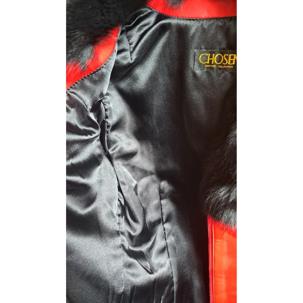Y2K Vintage Chosen Couture Red Leather Jacket Black Fox Fur Collar Mob Wife - Picture 6 of 11
